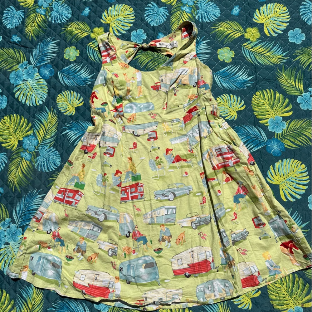 Cherry Velvet Plus Antique Trailer Pinup Dress, XL